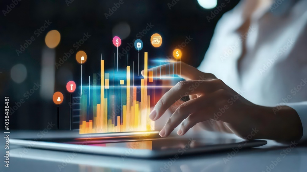 Poster A hand interacting with a digital tablet displaying colorful data visualizations.