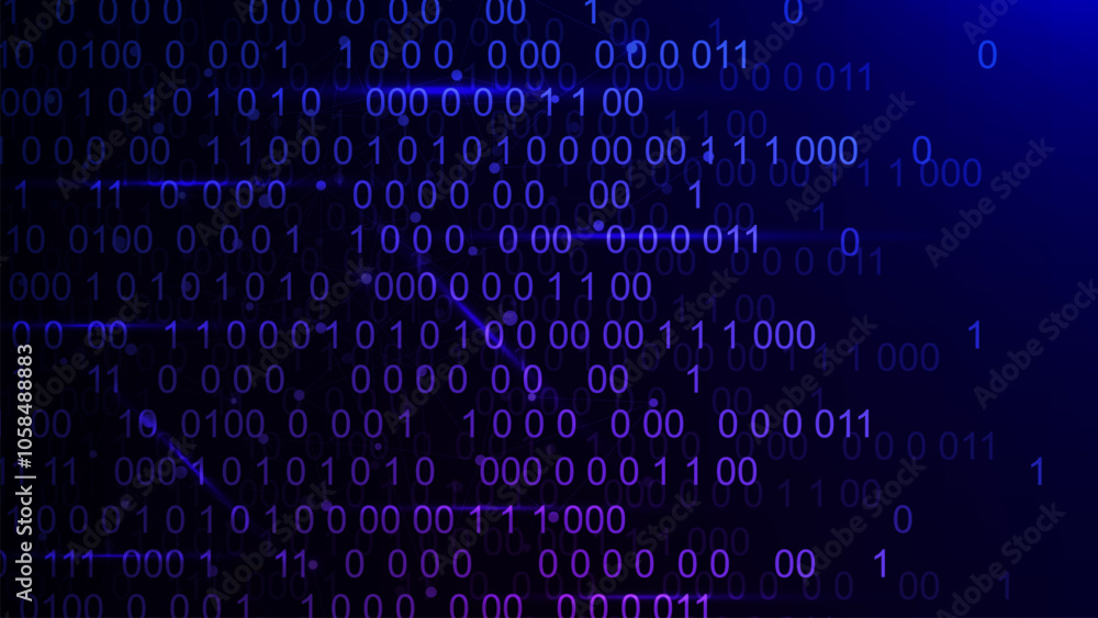 Poster futuristic modern high technology with binary code, connecting dots lines and wave flow on dark blue
