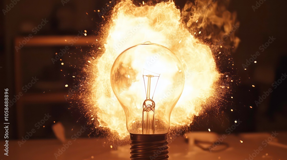 Poster A light bulb exploding with flames, symbolizing energy and power.