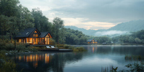 Fototapeta premium Cozy Cabin by Tranquil Lakeside at Dusk