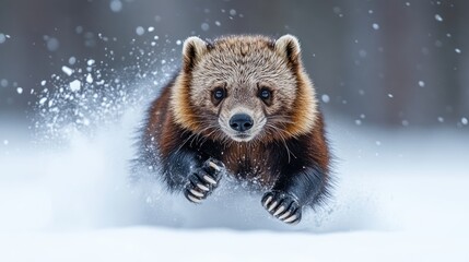 A wolverine running through snow, creating a dynamic winter scene.