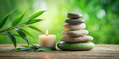 A Stack of Smooth Stones, a Burning Candle, and Lush Green Leaves on a Rustic Wooden Surface Against a Blurred Background of Greenery