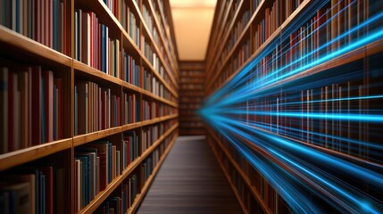 Fototapeta premium Bookshelves with blue light effect in a library setting.