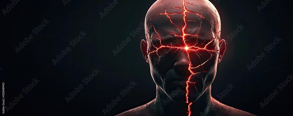 Poster abstract representation of a human head with glowing patterns and dark background.