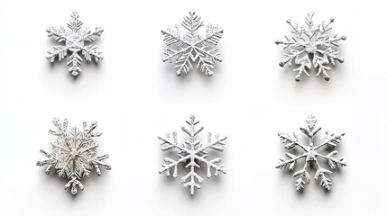 white snow flakes in different shape on white background