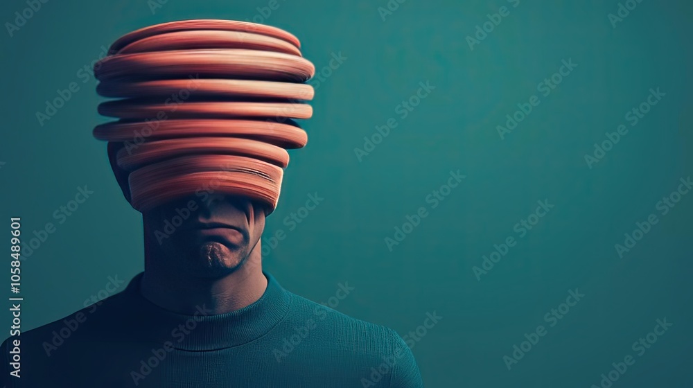 Poster conceptual image depicting emotions with layered objects over a person's head.