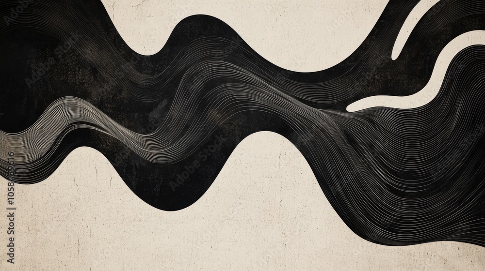 Poster abstract black and white wavy lines on textured background