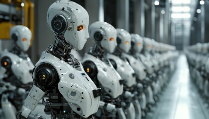 Fototapeta premium VR smart factory scene depicting seamless collaboration between robots and humans.