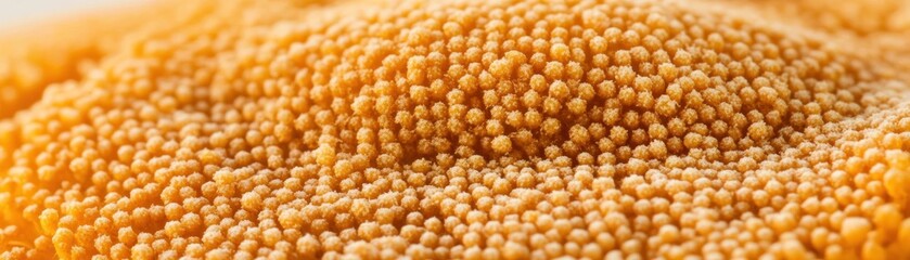 Close-up of small, round, golden beads resembling fish roe or similar food product.