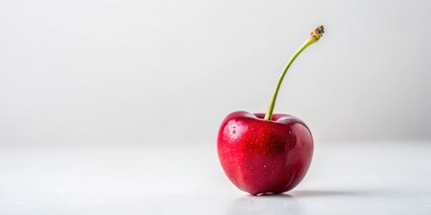 A single red cherry with a green stem, glistening with water droplets, sits on a plain white background.