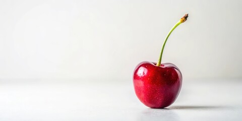 A Single, Shiny Red Cherry with a Long Stem Rests on a Plain White Background