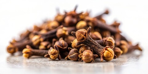 Obraz premium A close-up of whole cloves, showing their dried flower buds and stems, revealing a rich brown and tan color, with a shallow depth of field and a white background.