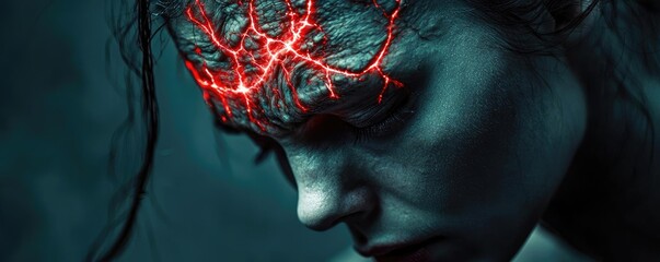 Emotional portrait depicting inner turmoil with glowing elements.