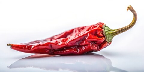 A single, dried red chili pepper with a curled stem rests on a clean, white surface, its vibrant red color contrasting with the pale background.