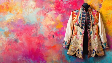 Naklejka premium Royal coat displayed against a vibrant background creates a striking visual. The royal coat adds a touch of elegance and history, enhancing the colorful backdrop. Copy space available.