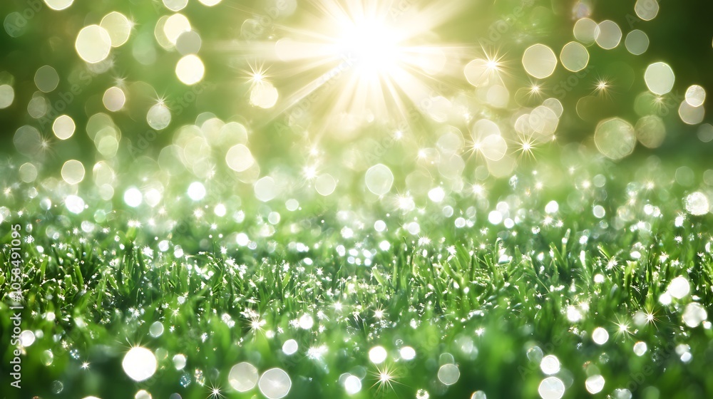 Aufkleber sparkling grass with sun rays minimalist white background with space for text