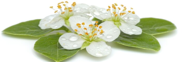 Obraz premium A cluster of white flowers with yellow stamens on green leaves, adorned with water droplets.