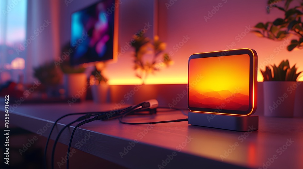 Poster a modern desk setup featuring a glowing display with a serene landscape.
