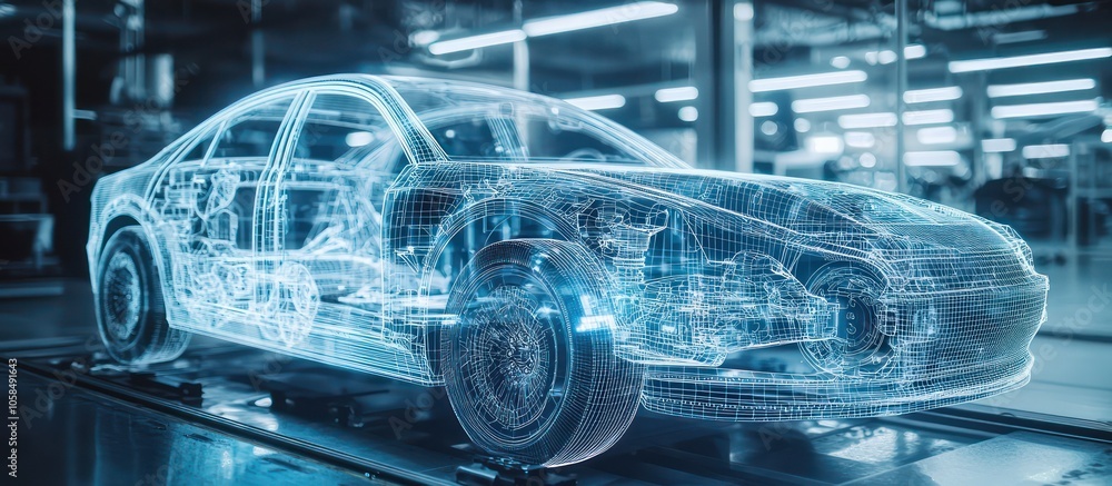 Wall mural augmented reality glasses display a car's internal mechanics in a wireframe format.