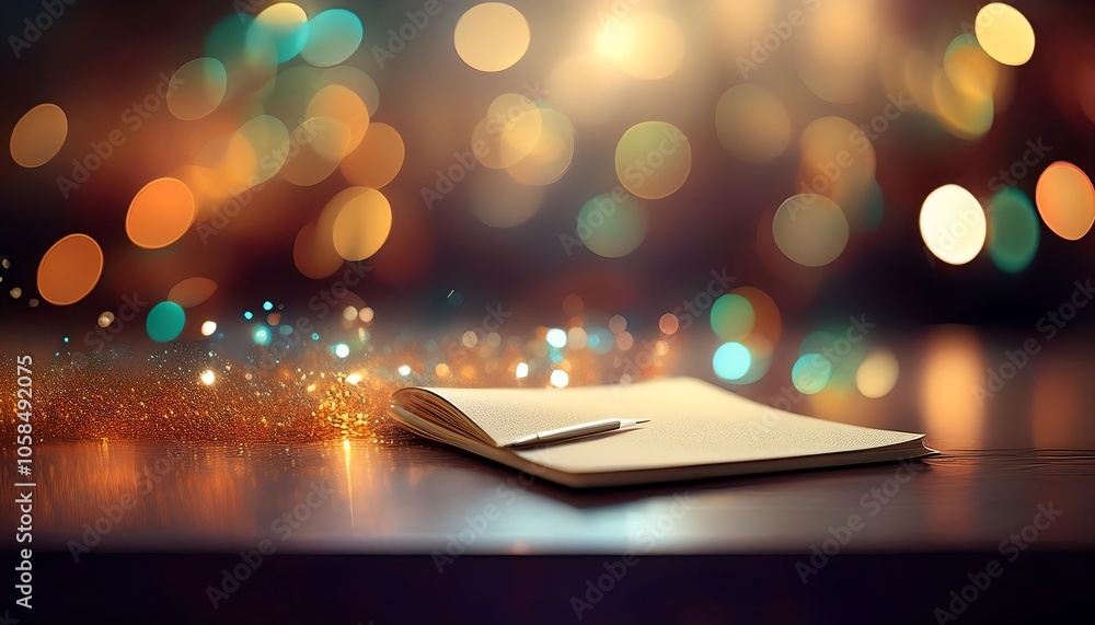 Aufkleber a softly lit notebook with a pen resting on it, surrounded by colorful bokeh lights, creating a warm