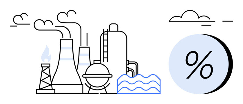 Industrial plant with chimneys emitting smoke, towers, pipes, and water with smoke clouds above and a percentage symbol beside it. Ideal for manufacturing, industry, economics, environmental studies