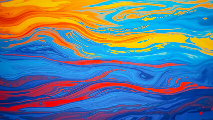 Abstract Swirls of Vibrant Blue, Yellow, and Red Hues Intertwined in a Serene and Intriguing Pattern
