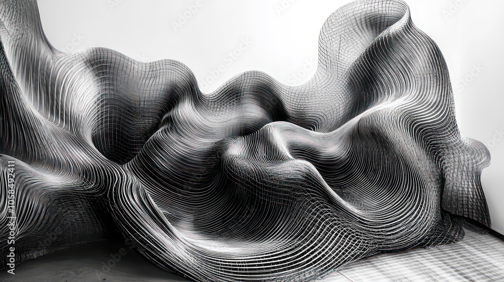 Poster abstract sculptural design featuring flowing, wave-like patterns in monochrome.