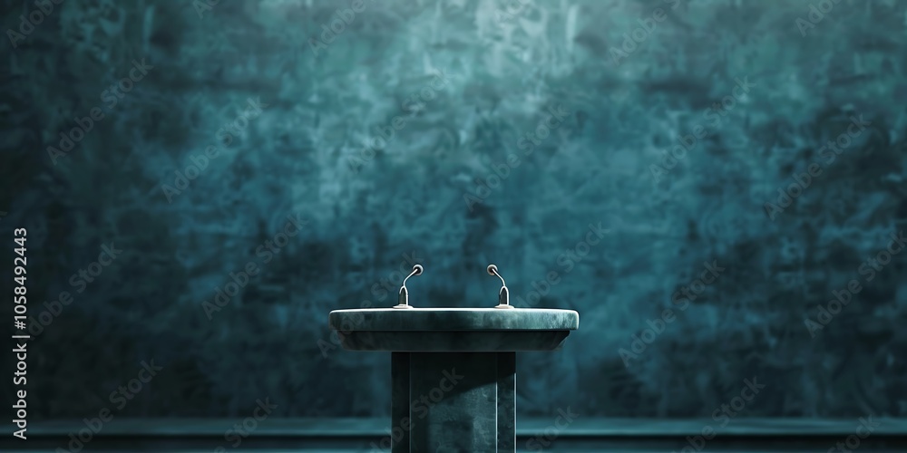 Poster empty podium with microphones for speech subtle blur background with space for custom text