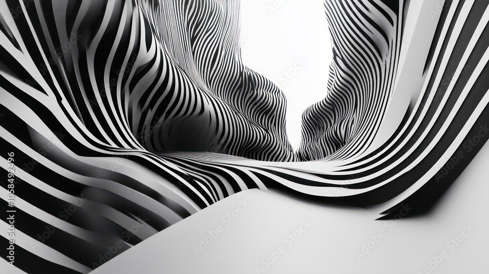 Poster abstract sculptural design featuring flowing, wave-like patterns in monochrome.