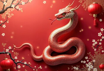 Colorful Illustration Depicting Lunar New Year Celebration with Snake