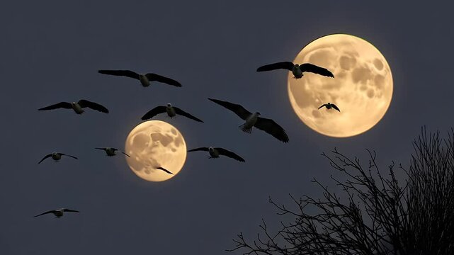 A group of birds silhouetted against two glowing full moons in the night sky, creating a mystical atmosphere. Perfect for nature lovers and dreamers drawn to the wonder of the night and wildlife