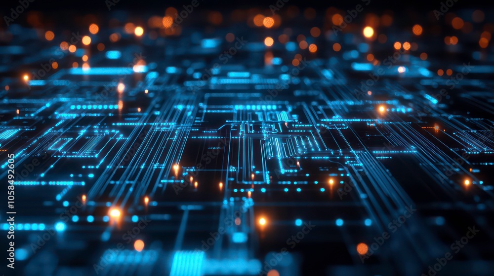Poster Abstract representation of a digital circuit board with glowing elements.