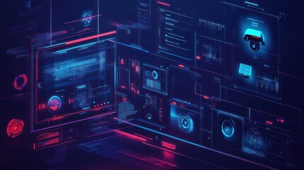 Fototapeta premium Futuristic Interface with Data Visualizations and Security Cameras