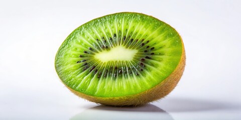 Fototapeta premium A single kiwi fruit slice, revealing its vibrant green flesh and dark brown seeds, sits against a stark white backdrop, showcasing the fruit's juicy, ripe texture.