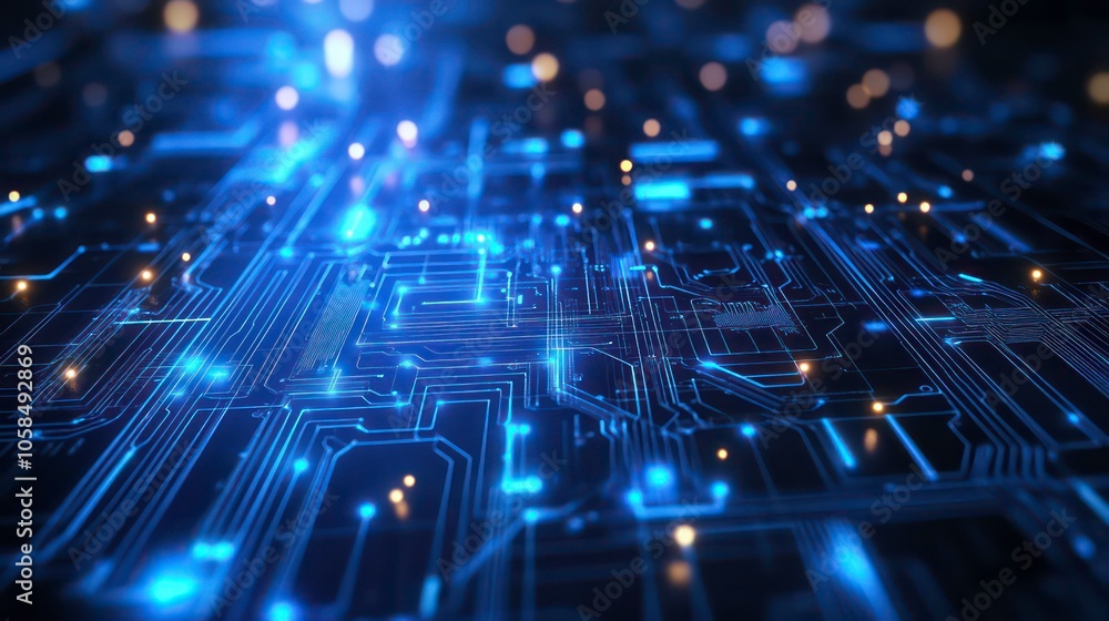 Poster Abstract representation of a digital circuit with glowing connections and nodes.