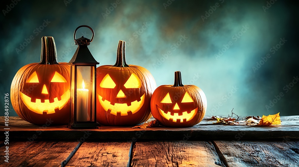 Aufkleber spooky halloween jack o' lantern scene subtle blur background with space for custom text