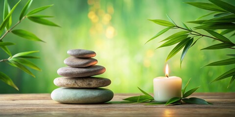 A Balanced Rock Tower and a Lit Candle Rest Amidst Green Foliage, Providing a Serene and Peaceful Atmosphere