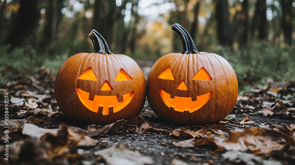Aufkleber two jack o' lanterns in the woods abstract gradient background with copy space