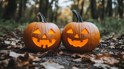 Two Jack o' Lanterns in the Woods Abstract Gradient Background with Copy Space