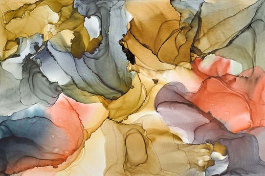 Swirls of color and veins of metallic gold form a flowing, abstract design, sense of movement and transformation. Fluid art, organic shapes and liquid ink textures, create of luxury and natural beauty