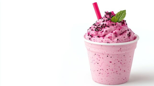 A creamy pink dessert in a cup, topped with mint and colorful sprinkles, garnished with a pink straw, perfect for a sweet treat. - Powered by Adobe