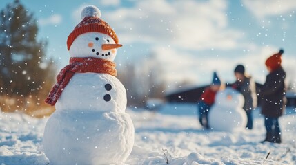 Obraz premium Snowman standing proudly in a snowy field, children building another snowman in the background, with space above for text.