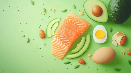 Keto diet concept - salmon, avocado, eggs, nuts and seeds, bright green background, top view