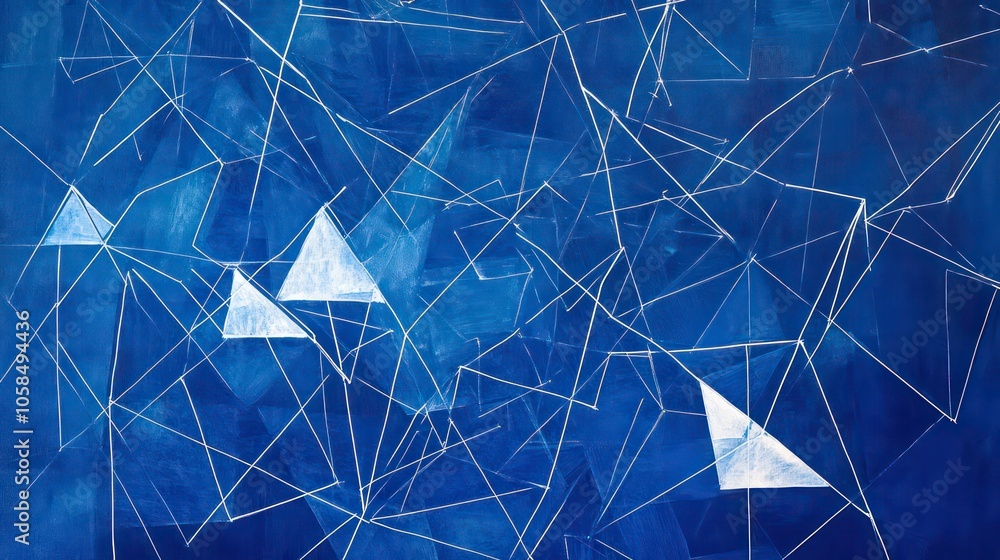 Poster Abstract geometric design with white lines and triangles on a deep blue background.