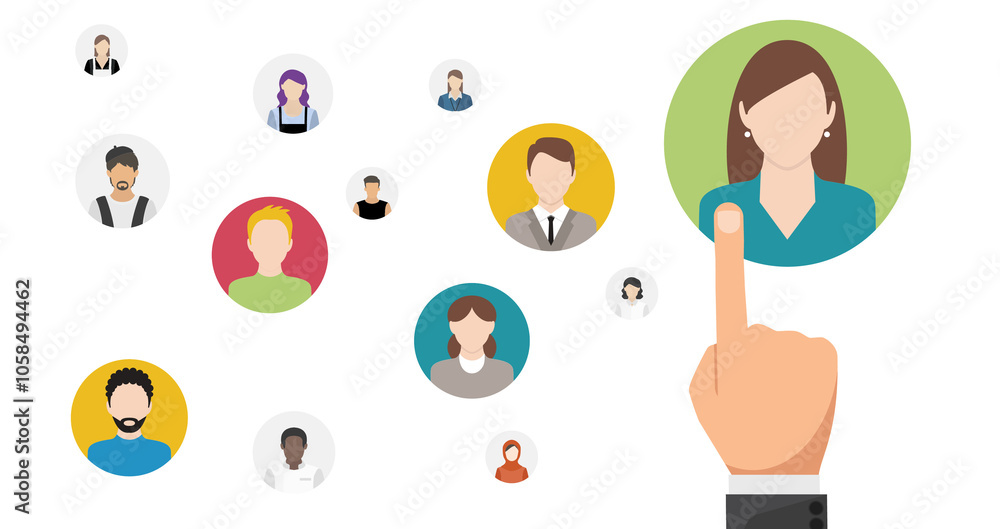 Poster business process management and automation concept with person moving wooden pieces on flowchart dia