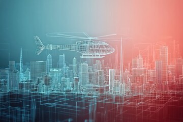 Augmented reality features a wireframe helicopter hovering above a digital urban landscape.