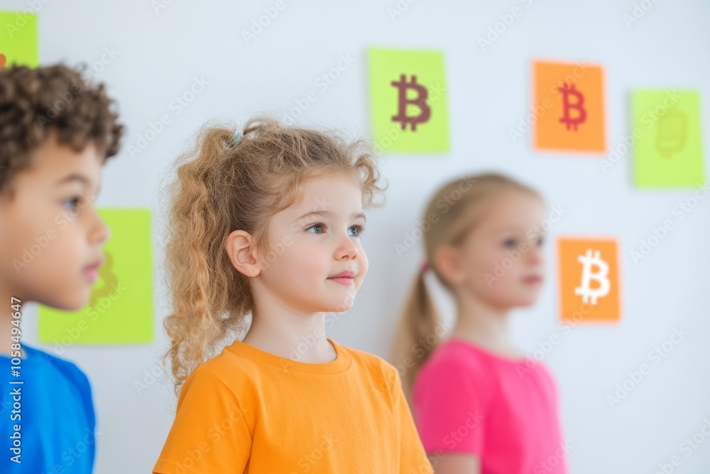 Poster diverse children exploring cryptocurrency and blockchain concepts in a classroom