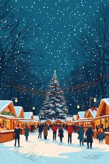 A town square during a Christmas market, showcasing people enjoying the festive atmosphere under falling snow