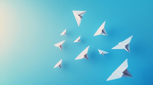 abstract representation of divergent thinking, origami-style paper planes, contrasting trajectories, soft shadows, smooth gradient blue backdrop, digital art style