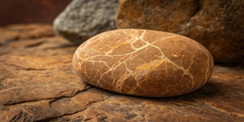 Fototapeta premium A Smooth, Textured Brown Stone with White Veins Rests on a Rough, Brown, Weathered Surface